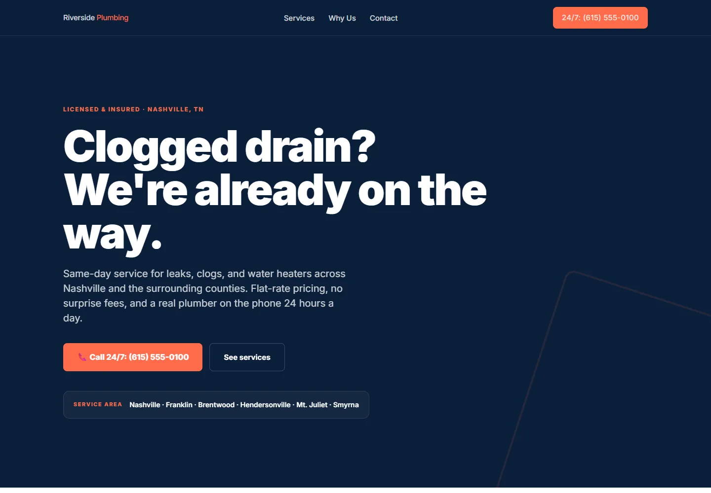 Riverside Plumbing website — navy emergency-first trade site